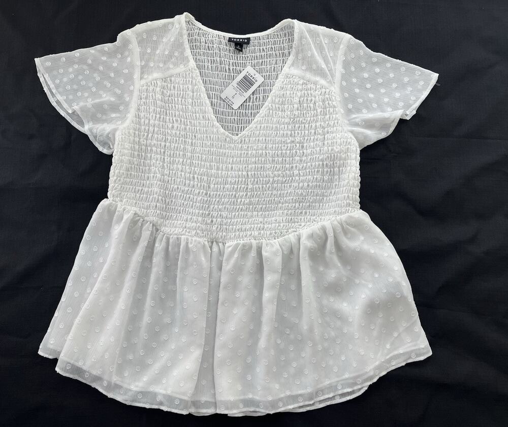 Torrid White Smocked Clip Dot Peplum Short Sleeve Plus Size 0 Blouse NWT